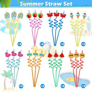 24Pcs Drinking Straws, Pool Party Decorations Supplies Summer Pool Beach Party Favors Crazy Silly St...