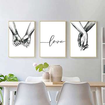 Kiddale Love and Hand in Hand Wall Art Canvas Print Poster,Simple Fashion Black and White Sketch Art...