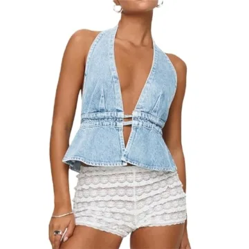 Women Y2K Denim Vest Vintage Sexy Sleeveless Backless Tie Back Tank Top Halterneck Jean Vest Top Str...