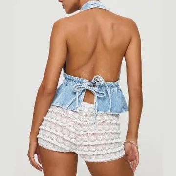 Women Y2K Denim Vest Halterneck Stylish Summer Top