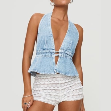 Women Y2K Denim Vest Halterneck Stylish Summer Top