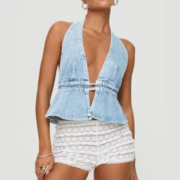 Women Y2K Denim Vest Halterneck Stylish Summer Top