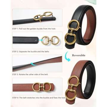 AWAYTR Reversible Belt for Women - Two-in-One Women Fashion Leather Belt for Jeans with Golden Buckle (Black/Brown Ripple,115cm)