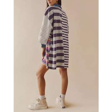 Womens Sweatshirt Dress Y2k Striped Pullover Tops Colorblock Hoodie Dresses Button Oversized Sweatsh...