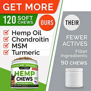 STRELLALAB Hemp Treats + Glucosamine for Dogs - Hip & Joint Supplement - w/Hemp Oil + Protein - Chondroitin, MSM, Turmeric to Improve Mobility & Energy - Natural Joint Pain Relief, 120 Chews