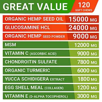 STRELLALAB Hemp Treats + Glucosamine for Dogs - Hip & Joint Supplement - w/Hemp Oil + Protein - Chondroitin, MSM, Turmeric to Improve Mobility & Energy - Natural Joint Pain Relief, 120 Chews