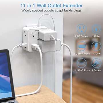 Surge Protector 8 Outlet Extender, TESSAN Multi Outlet Splitter with 3 USB Wall Charger (1 USB C Por...