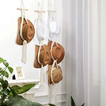 Yulejo 3 Pcs Hat Rack Baseball Hat Rack Baseball Hat Organizer Macrame Hat Rack for Baseball Over Door Organizer Baseball Hat Storage Boho Macrame Hat Hanger for Baseball (White,Stylish)