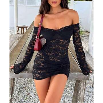 Fuimsul Women Sexy See Through Floral Lace Bodycon Mini Dress Y2k Skinny Long Sleeve Off Shoulder Mesh Lace Short Dress Black