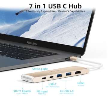 WALNEW 7 in 1 USB-C Hub with 4K HDMI,100W PD,5Gbps Data Port(1 Type-C & 2 USB 3.0),SD/TF Reader, Thu...