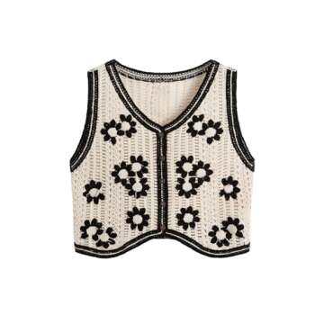 Verdusa Women's Button Front V Neck Sleeveless Floral Pattern Knit Sweater Vest Flower Beige S