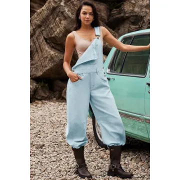 ReachMe Womens Casual Adjustable Bib Overalls Classic Wide Leg Jumpsuits Vintage Barrel Overall Baggy Pants with Pockets(Baby Blue,M)