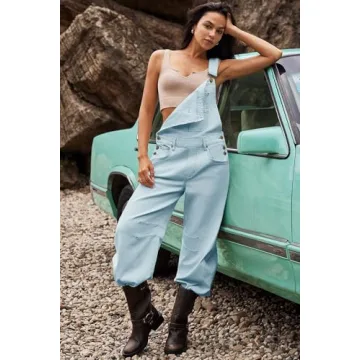 ReachMe Womens Casual Adjustable Bib Overalls Classic Wide Leg Jumpsuits Vintage Barrel Overall Baggy Pants with Pockets(Baby Blue,M)