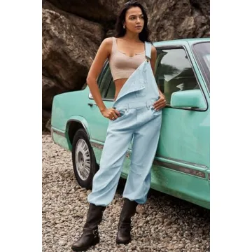ReachMe Womens Casual Adjustable Bib Overalls Classic Wide Leg Jumpsuits Vintage Barrel Overall Baggy Pants with Pockets(Baby Blue,M)
