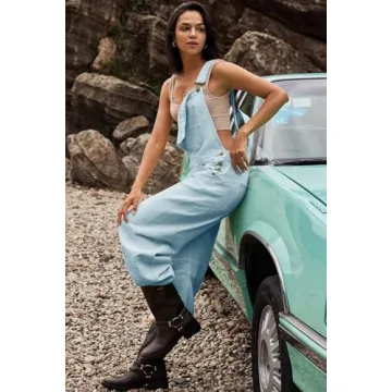 ReachMe Womens Casual Adjustable Bib Overalls Classic Wide Leg Jumpsuits Vintage Barrel Overall Baggy Pants with Pockets(Baby Blue,M)