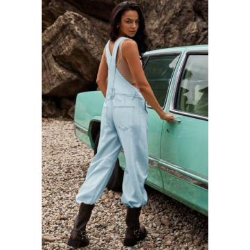 ReachMe Womens Casual Adjustable Bib Overalls Classic Wide Leg Jumpsuits Vintage Barrel Overall Baggy Pants with Pockets(Baby Blue,M)