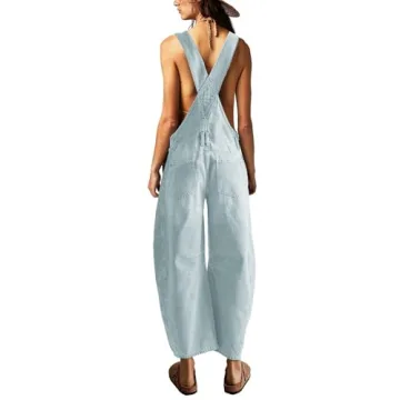 ReachMe Womens Casual Adjustable Bib Overalls Classic Wide Leg Jumpsuits Vintage Barrel Overall Baggy Pants with Pockets(Baby Blue,M)