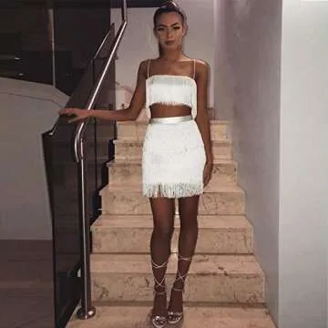 Womens Sexy 2 Piece Outfits Sleeveless Crop Top Feather Tassels Bodycon Mini Dress Clubwear White S