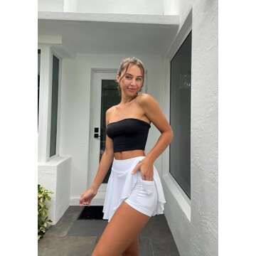 OQQ Women 2 Piece Skirts 2 in 1 Flowy Basic Versatile Stretchy Flared Casual Mini Skirts White Candypink