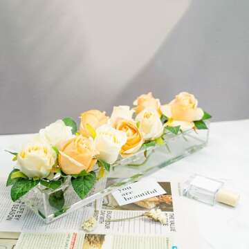 WORHE Flower Vase Clear Acrylic Long Rectangular 15.7 Inches Floral Arrangements Decorative Centerpiece for Wedding Dining Table Decor Container for Home Decor (CH450)