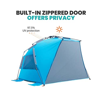 OutdoorMaster Pop Up Beach Tent for 4 Person - Easy Setup and Portable Beach Shade Sun Shelter Canopy with UPF 50+ UV Protection Removable Skylight Family Size - Blue