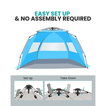 OutdoorMaster Pop Up Beach Tent for 4 Person - Easy Setup and Portable Beach Shade Sun Shelter Canopy with UPF 50+ UV Protection Removable Skylight Family Size - Blue