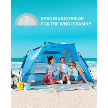 OutdoorMaster Pop Up Beach Tent for 4 Person - Easy Setup and Portable Beach Shade Sun Shelter Canopy with UPF 50+ UV Protection Removable Skylight Family Size - Blue