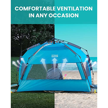 OutdoorMaster Pop Up Beach Tent for 4 Person - Easy Setup and Portable Beach Shade Sun Shelter Canopy with UPF 50+ UV Protection Removable Skylight Family Size - Blue