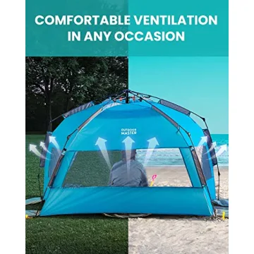 OutdoorMaster Pop Up Beach Tent for 4 Person - Easy Setup and Portable Beach Shade Sun Shelter Canopy with UPF 50+ UV Protection Removable Skylight Family Size - Blue