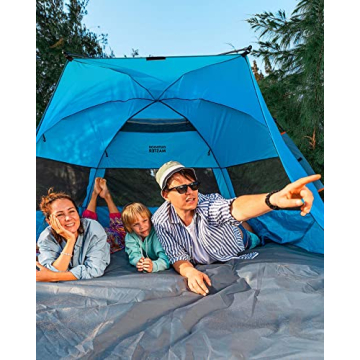 OutdoorMaster Pop Up Beach Tent for 4 Person - Easy Setup and Portable Beach Shade Sun Shelter Canopy with UPF 50+ UV Protection Removable Skylight Family Size - Blue