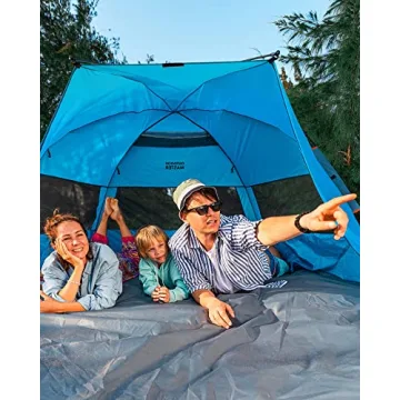 OutdoorMaster Pop Up Beach Tent for 4 Person - Easy Setup and Portable Beach Shade Sun Shelter Canopy with UPF 50+ UV Protection Removable Skylight Family Size - Blue