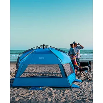 OutdoorMaster Pop Up Beach Tent for 4 Person - Easy Setup and Portable Beach Shade Sun Shelter Canopy with UPF 50+ UV Protection Removable Skylight Family Size - Blue
