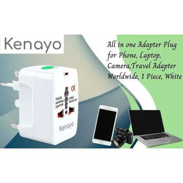Kenayo Worldwide Universal Power Adapter, All-in-One International Travel Plug Converter for USA, EU, UK, France, Italy, Australia, India - Portable Wall Charger Plug