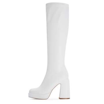 Modatope Womens Platform Boots Knee High Chunky Heel White Boots for Women Rounded Toe Side Zipper W...