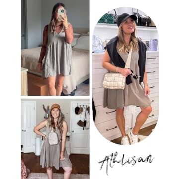 Athlisan Womens Summer Sleeveless Mini Dress Casual Loose V Neck Sundress with Pockets(GreyGreen-S)