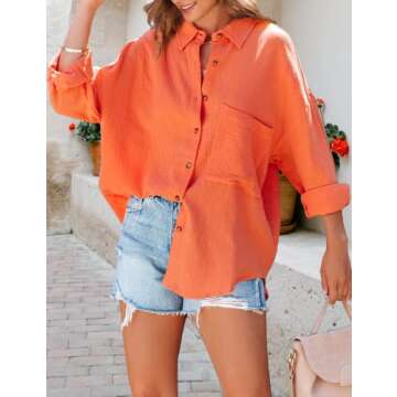 Gozoloma Women's Casual Blouse Long Sleeve Shirt Cotton Linen Button Up Loose Top (0029-Orange-L)