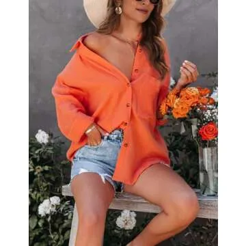 Gozoloma Women's Casual Blouse Long Sleeve Shirt Cotton Linen Button Up Loose Top (0029-Orange-L)