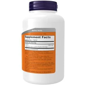 NOW L-Lysine 500 mg - Essential Amino Acid Supplement, 250 Capsules