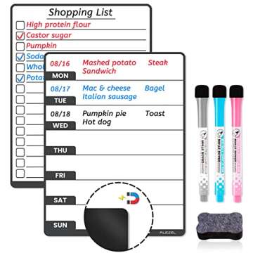 ALEZEL Magnetic Weekly Calendar - 8.5"x6.5", Simple Dry Erase Menu Board Set for Fridge - Includes 1 Grocery List (to Do List) & 1 Meal Planner Whiteboard, 3 Markers + 1 Eraser