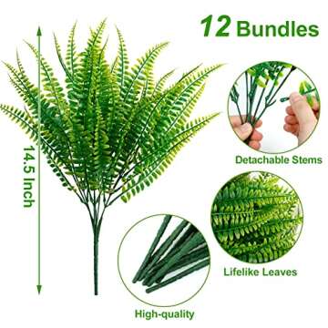 Ouddy Decor 12 Bundles Artificial Boston Ferns Artificial Plants Outdoor Greenery Stems Faux Shrubs ...