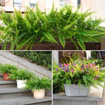 Ouddy Decor 12 Bundles Artificial Boston Ferns Artificial Plants Outdoor Greenery Stems Faux Shrubs UV Resistant for Garden Front Porch Table Window Box Home Decorations