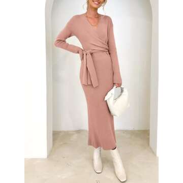 Happy Sailed Sweater Dresses for Women 2025 Casual Long Sleeve Wrap V Neck Tie Waist Ribbed Midi Dress Spring Women Knit Formal Dress Pink Small