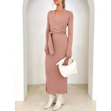 Happy Sailed Sweater Dresses for Women 2025 Casual Long Sleeve Wrap V Neck Tie Waist Ribbed Midi Dress Spring Women Knit Formal Dress Pink Small