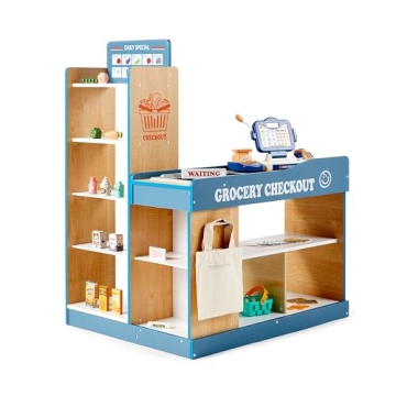 Amazon Basics Grocery Store Checkout Counter with Shopping Cart, Kids Supermarket Pretend Play Store...