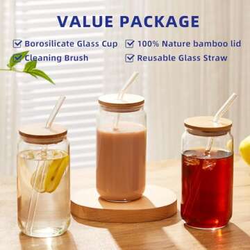Mzowgzk 4pcs Set-16oz, Glass Cups with Bamboo Lids and Glass Straw - Beer Can Shaped,CuteTumbler Cup...