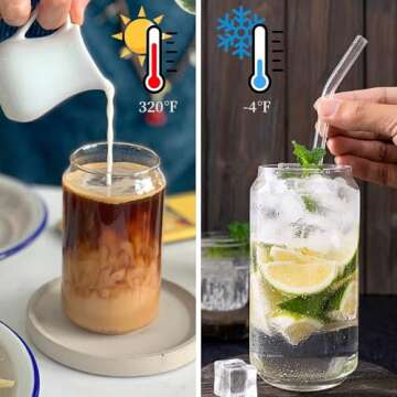 Mzowgzk 4pcs Set-16oz, Glass Cups with Bamboo Lids and Glass Straw - Beer Can Shaped,CuteTumbler Cup,Soda,deal for Cocktail,Iced Coffee Cups,4 Cleaning Brushes
