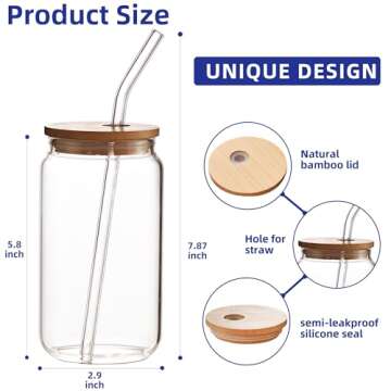 Mzowgzk 4pcs Set-16oz, Glass Cups with Bamboo Lids and Glass Straw - Beer Can Shaped,CuteTumbler Cup,Soda,deal for Cocktail,Iced Coffee Cups,4 Cleaning Brushes
