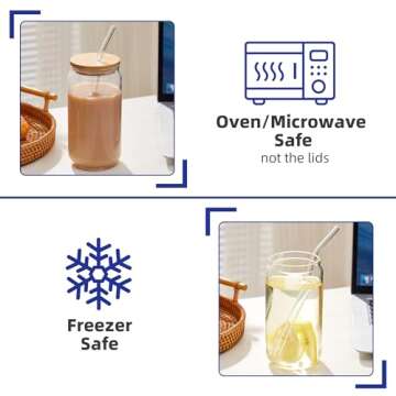 Mzowgzk 4pcs Set-16oz, Glass Cups with Bamboo Lids and Glass Straw - Beer Can Shaped,CuteTumbler Cup,Soda,deal for Cocktail,Iced Coffee Cups,4 Cleaning Brushes