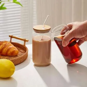 Mzowgzk 4pcs Set-16oz, Glass Cups with Bamboo Lids and Glass Straw - Beer Can Shaped,CuteTumbler Cup,Soda,deal for Cocktail,Iced Coffee Cups,4 Cleaning Brushes