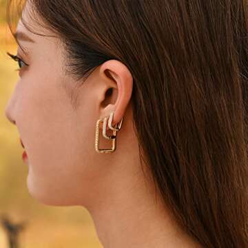 SLOONG 14K Copper Hoop Earring Set, 3Pcs Chunky Link Chain Zircon Hoop Earrings, Lightweight & Hypoa...